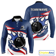 Load image into Gallery viewer, Red, White and Blue Flame bowling ball polo, 1/4 zip shirts for Men Custom patriotic Bowling Outfit NQS10045