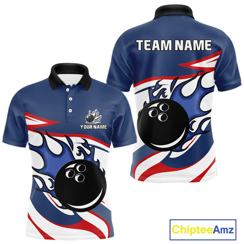 Red, White and Blue Flame bowling ball polo, 1/4 zip shirts for Men Custom patriotic Bowling Outfit NQS10045
