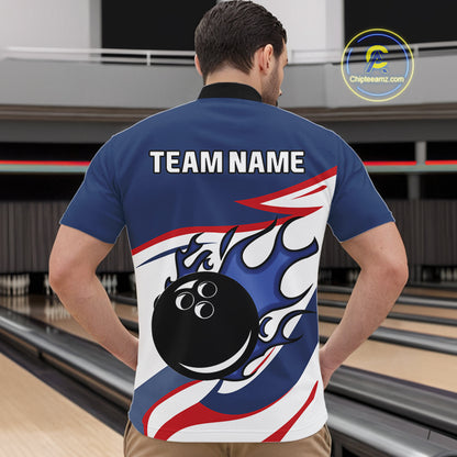 Red, White and Blue Flame bowling ball polo, 1/4 zip shirts for Men Custom patriotic Bowling Outfit NQS10045