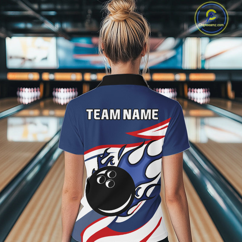 Red, White and Blue Flame bowling ball polo, 1/4 zip shirts for Women Custom patriotic Bowling Outfit NQS10045