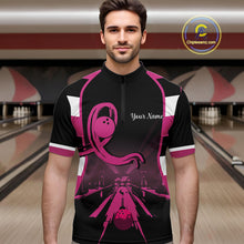 Load image into Gallery viewer, Breast Cancer Awareness Bowling Shirts For Men custom Black and pink ribbon team bowling jerseys NQS10207