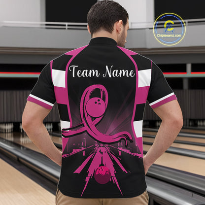 Breast Cancer Awareness Bowling Shirts For Men custom Black and pink ribbon team bowling jerseys NQS10207