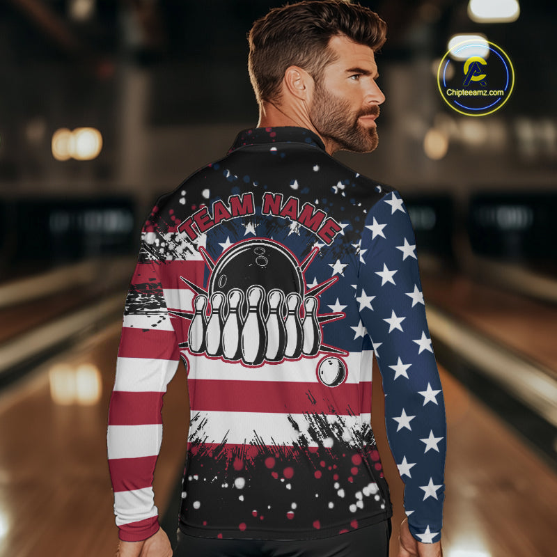 American Flag Black Bowling Polo, 1/4 Zip Shirts For Men custom patriotic retro bowling team shirts NQS10210