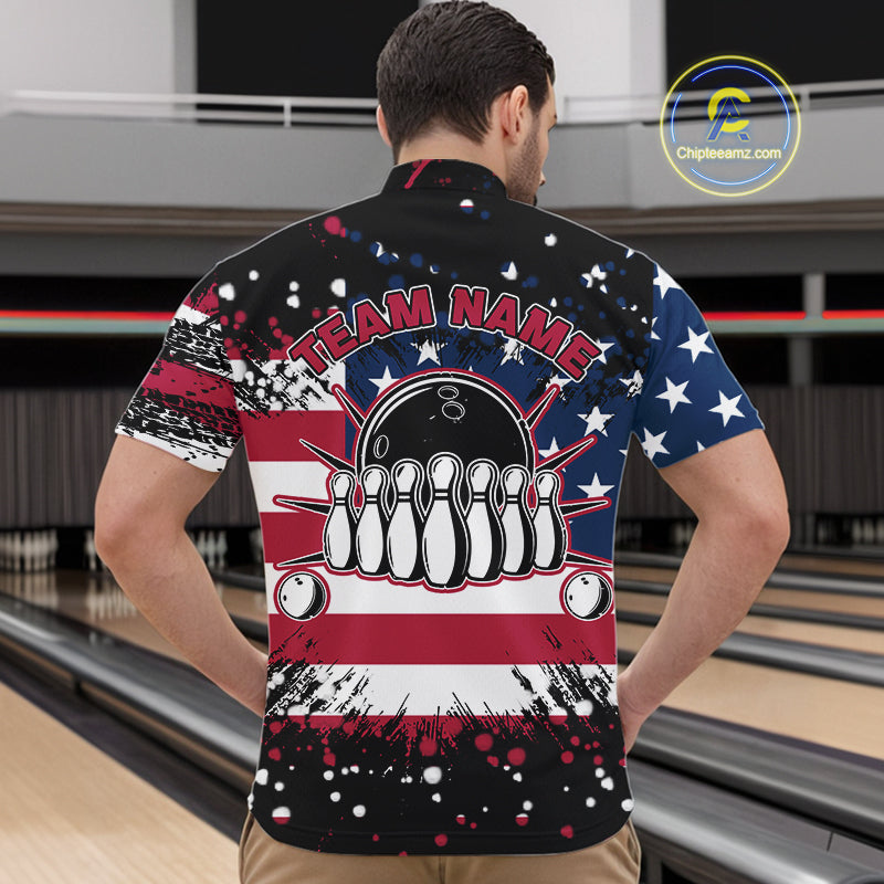 American Flag Black Bowling Polo, 1/4 Zip Shirts For Men custom patriotic retro bowling team shirts NQS10210