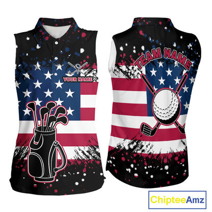 American Flag Black sleeveless golf polo shirts for ladies custom patriotic retro golf team shirts NQS10211