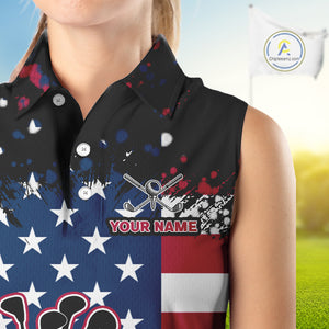 American Flag Black sleeveless golf polo shirts for ladies custom patriotic retro golf team shirts NQS10211