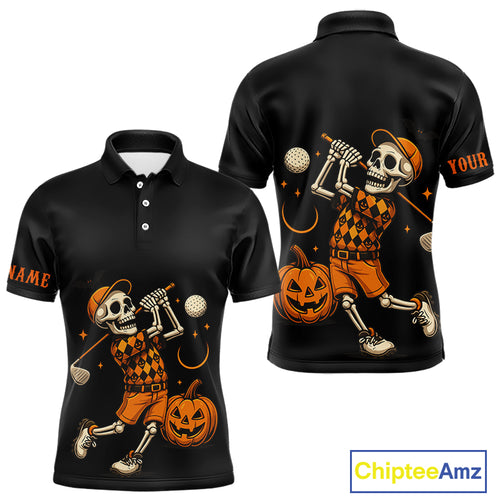 Black and Orange Skull Golf polo shirt for men Custom Halloween Mens golf outfit NQS10353