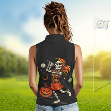 Load image into Gallery viewer, Black and Orange Skull golf sleeveless polo shirt for Women Custom Halloween Ladies golf outfit NQS10353