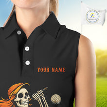 Load image into Gallery viewer, Black and Orange Skull golf sleeveless polo shirt for Women Custom Halloween Ladies golf outfit NQS10353