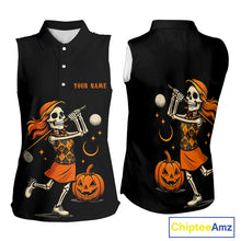 Load image into Gallery viewer, Black and Orange Skull golf sleeveless polo shirt for Women Custom Halloween Ladies golf outfit NQS10353