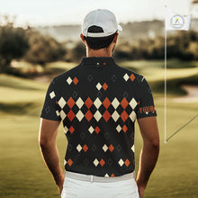 Load image into Gallery viewer, Black and Orange argyle plaid pattern Mens golf polo shirts custom Halloween golf wear for men NQS10356