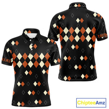 Load image into Gallery viewer, Black and Orange argyle plaid pattern Mens golf polo shirts custom Halloween golf wear for men NQS10356