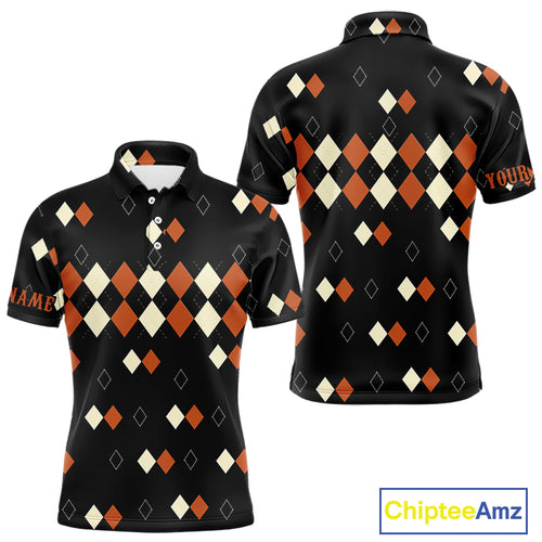 Black and Orange argyle plaid pattern Mens golf polo shirts custom Halloween golf wear for men NQS10356