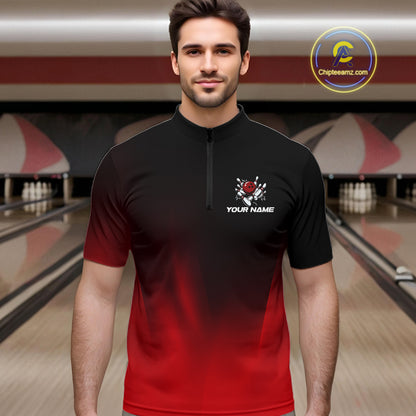 Custom Black and Red Bowling Polo, Quarter Zip Team Shirts For Men, Bowling Outfit Gift For Bowlers NQS10565