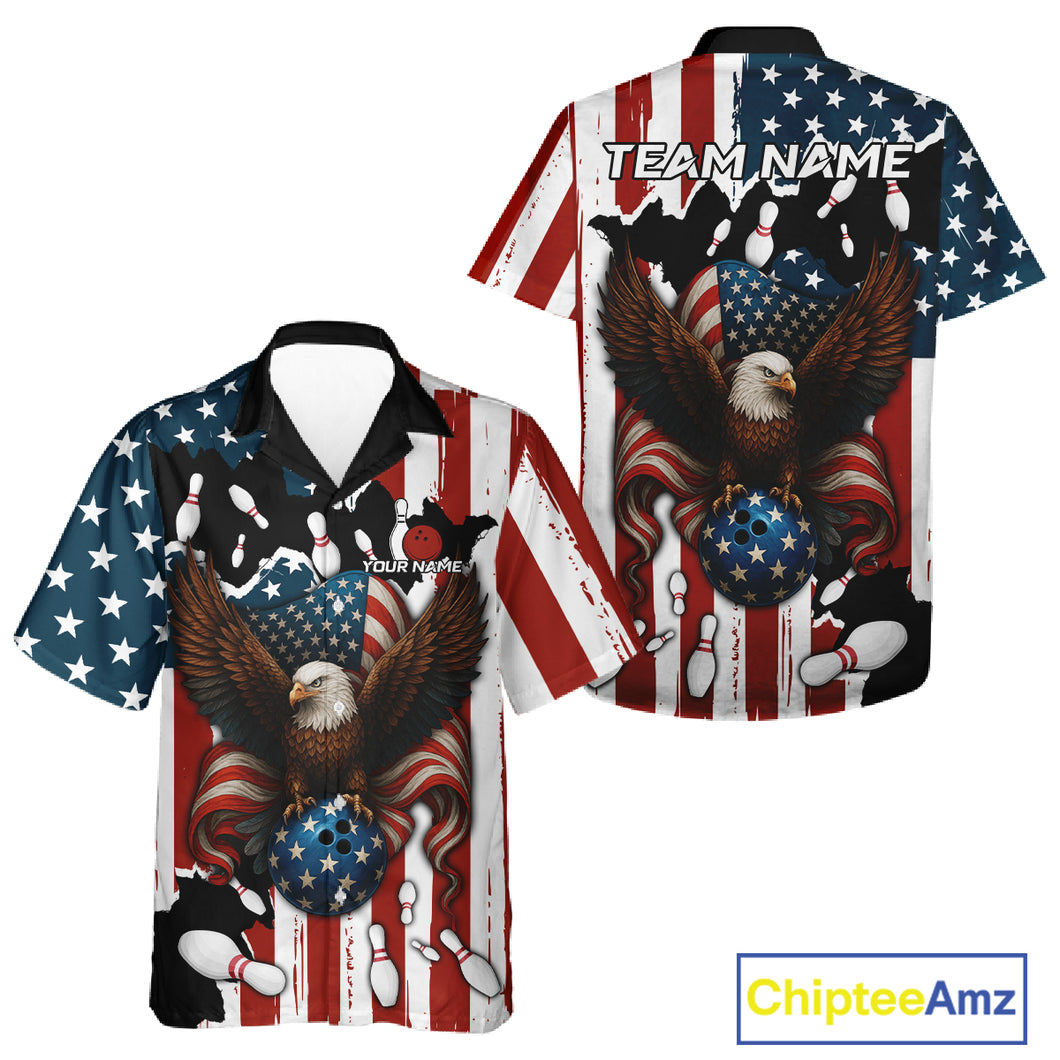 American Flag Eagle Bowling Hawaiian Shirt Custom Patriotic Team Bowling Button Up Shirt NQS10572