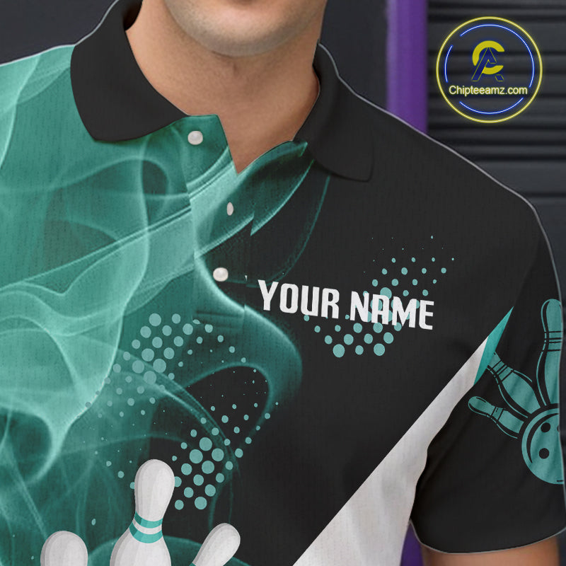 Mens bowling polo, 1/4 zip shirts Custom cyan blue smoke bowling team jerseys, gift for Bowlers NQS10060