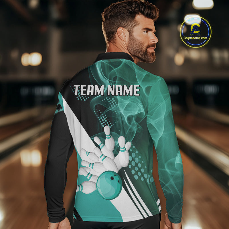 Mens bowling polo, 1/4 zip shirts Custom cyan blue smoke bowling team jerseys, gift for Bowlers NQS10060