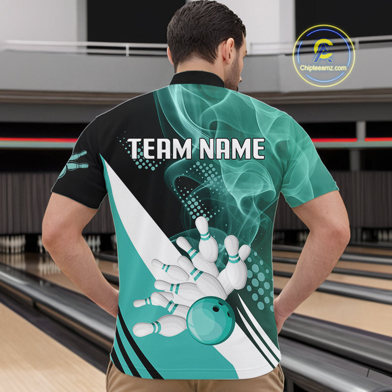 Mens bowling polo, 1/4 zip shirts Custom cyan blue smoke bowling team jerseys, gift for Bowlers NQS10060