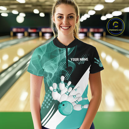 Women bowling polo, 1/4 zip shirts Custom cyan blue smoke bowling team jerseys, gift for Bowlers NQS10060