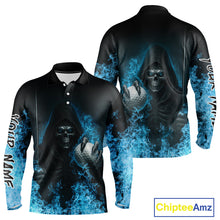 Load image into Gallery viewer, Blue Flame Skull reaper Mens Golf polo shirts custom golf top for men, best golf gifts NQS10360