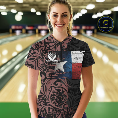 Texas Flag tribal pattern Bowling Polo, 1/4 Zip shirts for Women Custom patriotic Team bowling jersey NQS10583