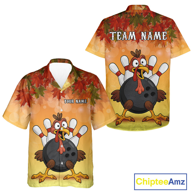 Custom Funny Turkey Bowling Hawaiian Shirt, maple leaf pattern Thanksgiving Bowling Team Uniform NQS10368