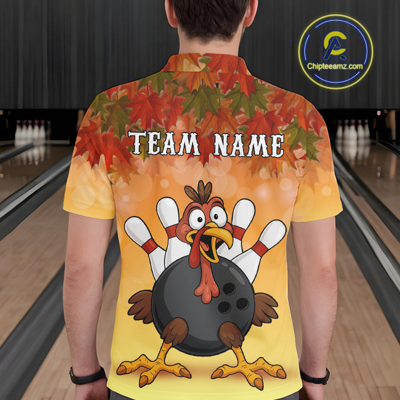 Custom Funny Turkey Bowling Shirt For Men, maple leaf pattern Thanksgiving Bowling Shirt Team Uniform NQS10368