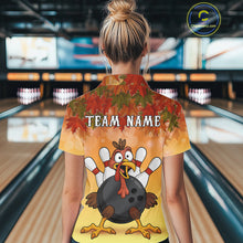 Load image into Gallery viewer, Custom Funny Turkey Bowling Shirt For Women, maple leaf pattern Thanksgiving Bowling Team Uniform NQS10368