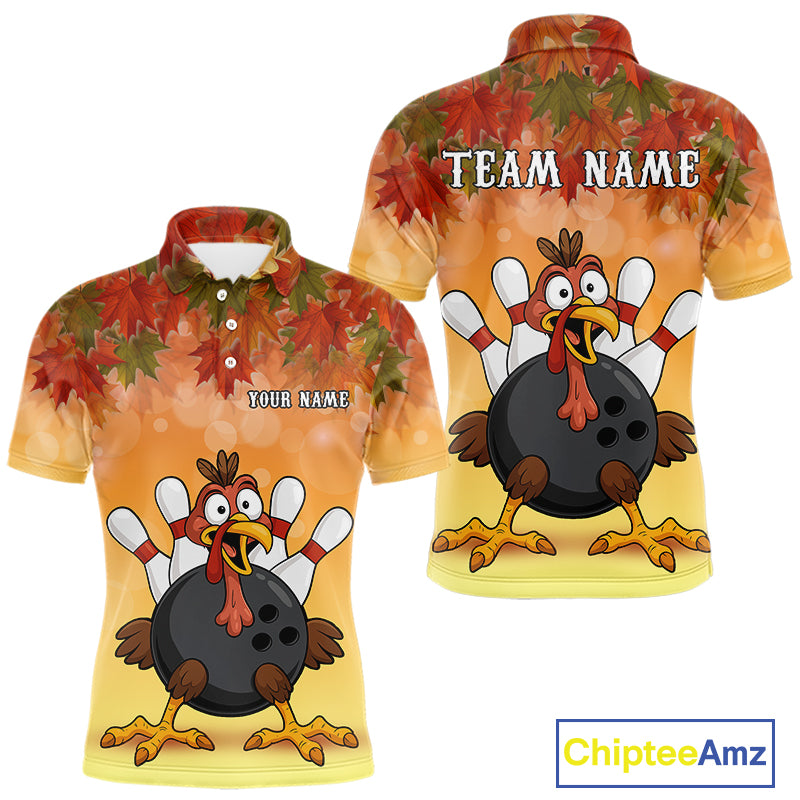 Custom Funny Turkey Bowling Shirt For Men, maple leaf pattern Thanksgiving Bowling Shirt Team Uniform NQS10368