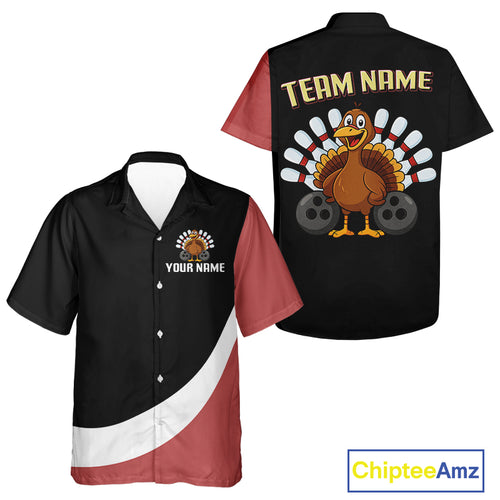 Retro Black and Red Turkey Bowling Hawaiian Shirt, Thanksgiving Bowling Team Jersey NQS10370
