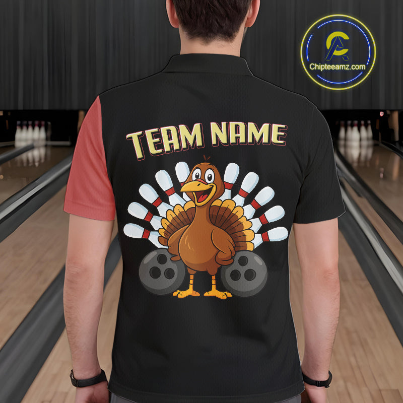 Retro Black and Red Turkey Bowling Polo, Quarter Zip Shirt For Men, Thanksgiving Bowling Team Jersey NQS10370