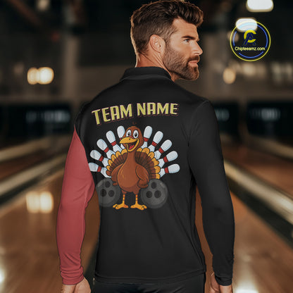 Retro Black and Red Turkey Bowling Polo, Quarter Zip Shirt For Men, Thanksgiving Bowling Team Jersey NQS10370