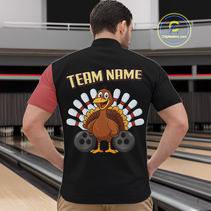 Retro Black and Red Turkey Bowling Polo, Quarter Zip Shirt For Men, Thanksgiving Bowling Team Jersey NQS10370