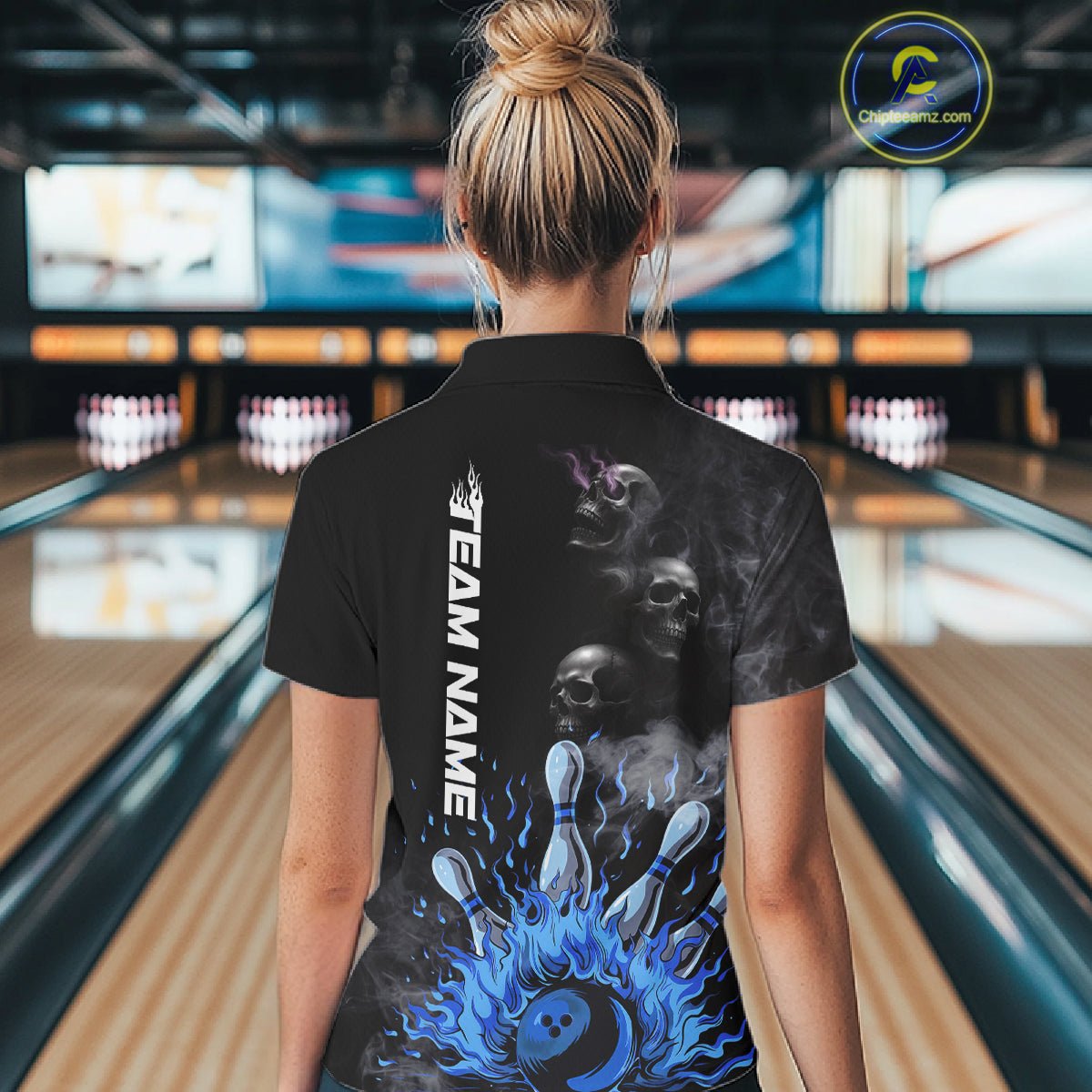 Personalized Smoke Skull Blue Flame Black Bowling Shirts For Women Custom Team Bowling Jerseys NQS10597