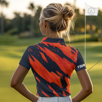 Black and Orange Flame Golf polo shirts for Women Custom ladies golf outfit, personalized golf gifts NQS10069