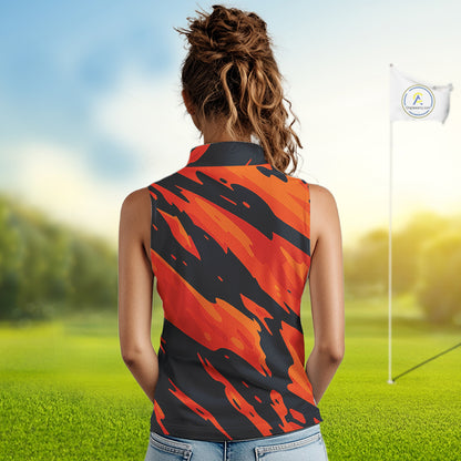 Black and Orange Flame Women Sleeveless Golf polo shirts Custom ladies golf outfit, golf gifts NQS10069