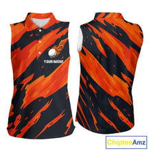 Load image into Gallery viewer, Black and Orange Flame Women Sleeveless Golf polo shirts Custom ladies golf outfit, golf gifts NQS10069