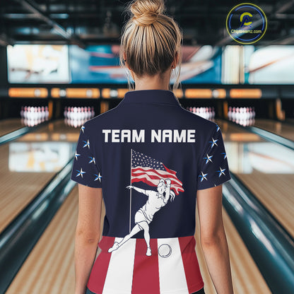 Red, White and Blue American Flag Bowling Team Shirts For Women Custom Patriotic Bowling Jerseys NQS10220