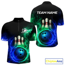 Load image into Gallery viewer, Blue and Green Lightning thunder Black Bowling Shirts For Men custom Bowling Team Jerseys NQS10379