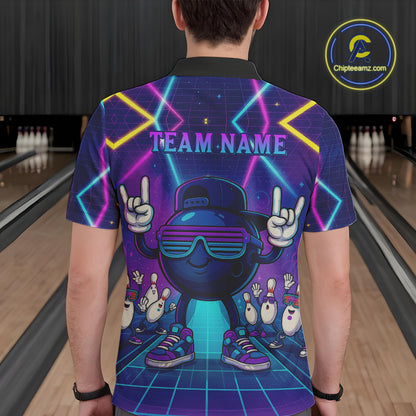 Purple neon stage funny Bowling polo, quarter zip shirts for Men Custom funny bowling team shirts NQS10299