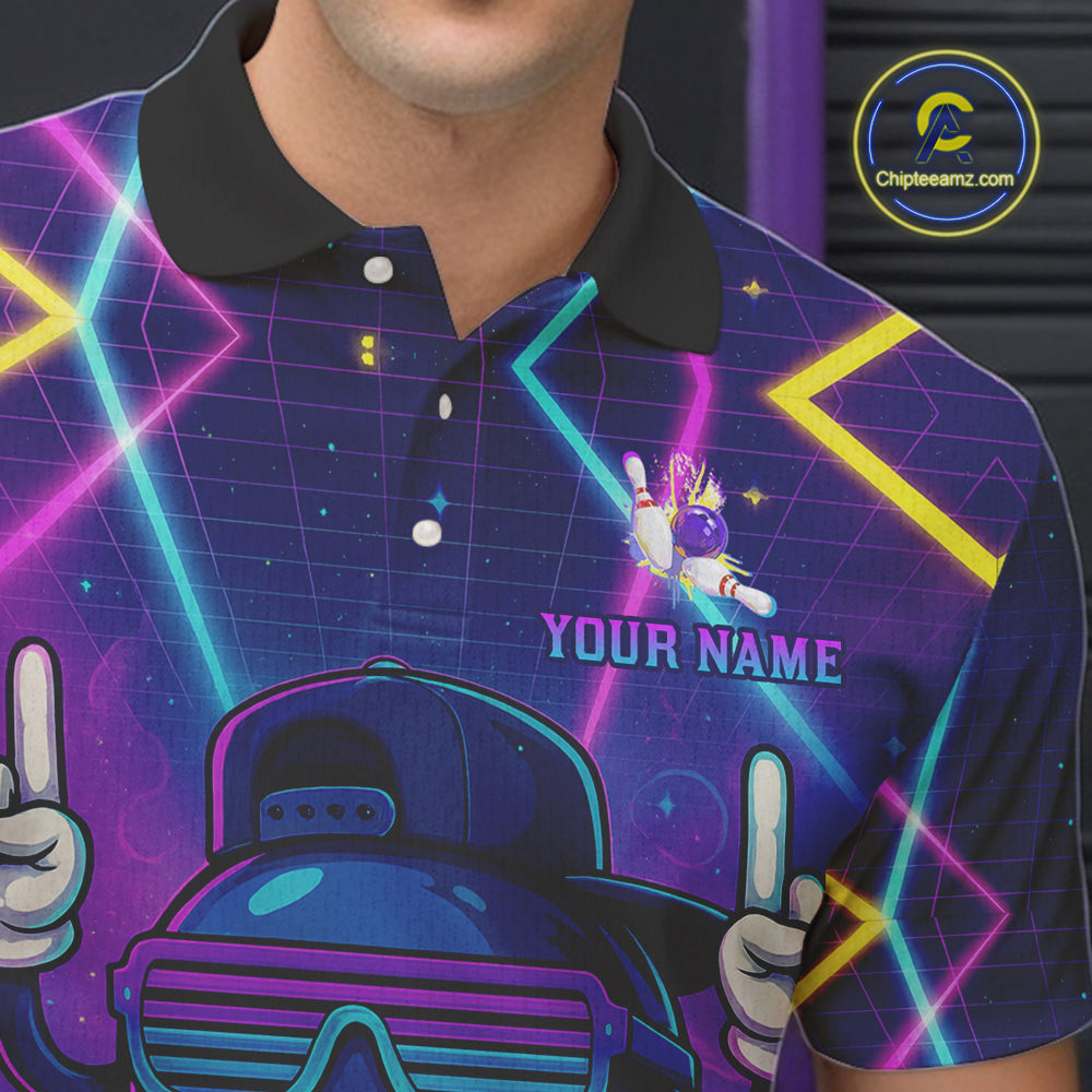 Purple neon stage funny Bowling polo, quarter zip shirts for Men Custom funny bowling team shirts NQS10299