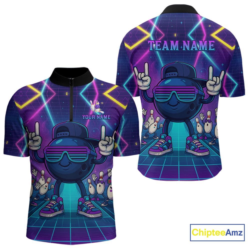 Purple neon stage funny Bowling polo, quarter zip shirts for Men Custom funny bowling team shirts NQS10299