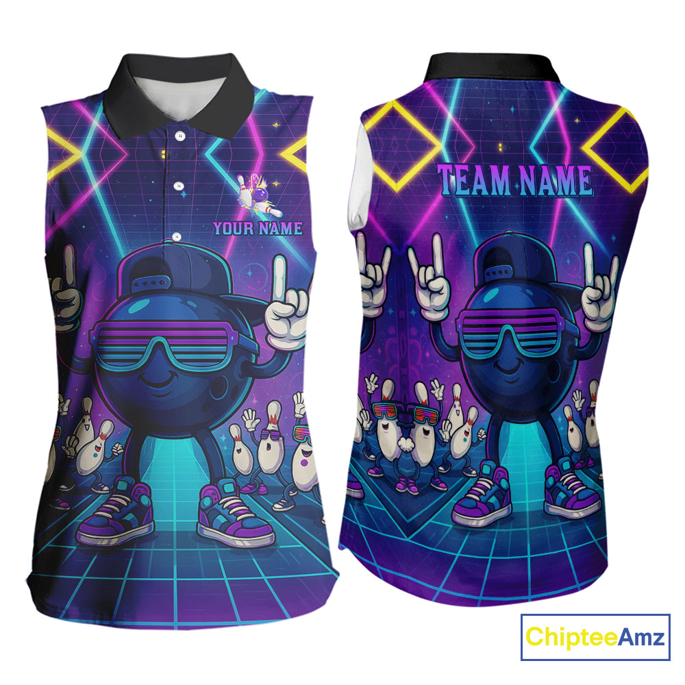 Purple neon stage funny Bowling Sleeveless Polo shirt Custom funny bowling team shirts NQS10299