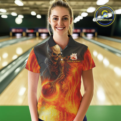 Orange Flame Skull reaper Bowling polo, quarter zip shirts for Women Custom skull bowling team jersey NQS10300
