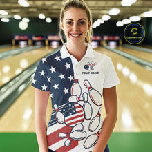 Load image into Gallery viewer, Custom American flag Bowling Shirt For Women personalized red, white and blue patriotic bowling shirt NQS10313