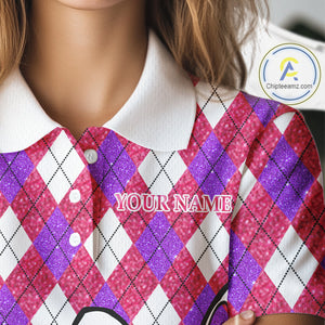Pink purple glitter argyle pattern Flamingo Women golf polo shirt Custom weekend forecast golf & wine NQS10325