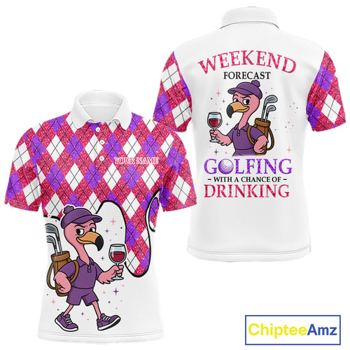 Pink & purple glitter argyle pattern Flamingo Men golf polo shirt Custom weekend forecast golf & wine NQS10325