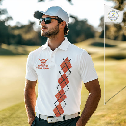 Orange argyle plaid pattern Skull White Golf polo shirts for men custom Halloween mens golf attire NQS10357