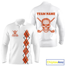 Load image into Gallery viewer, Orange argyle plaid pattern Skull White Golf polo shirts for men custom Halloween mens golf attire NQS10357