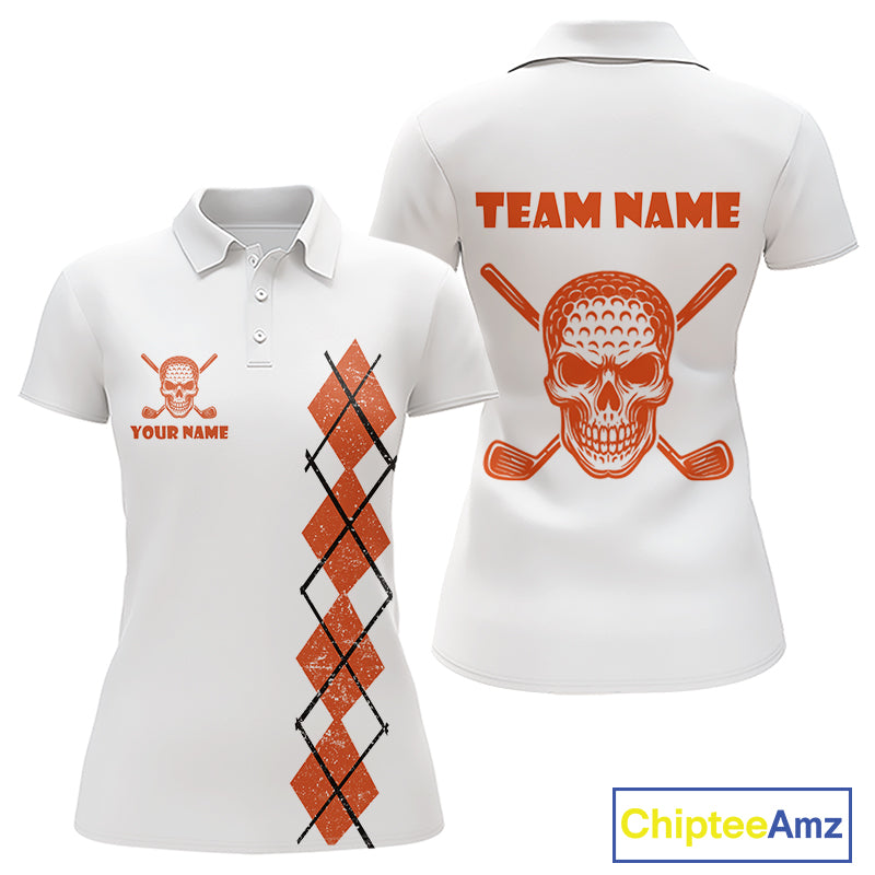 Orange argyle plaid pattern Skull White Golf polo shirt for Women custom Halloween ladies golf attire NQS10357